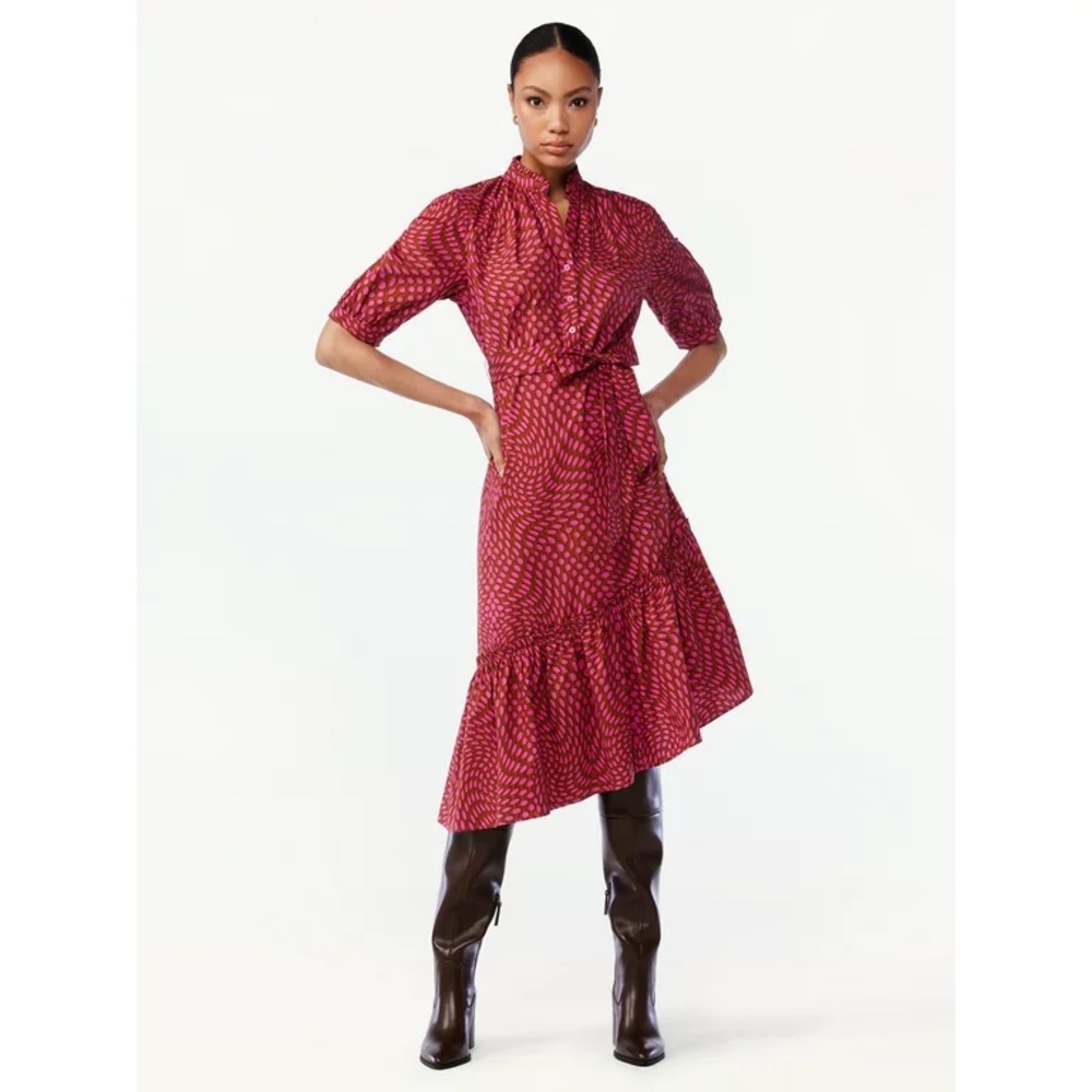 Scoop | Pink Polka Dot  XL Women's Asymmetric Ruffled Midi Dress New